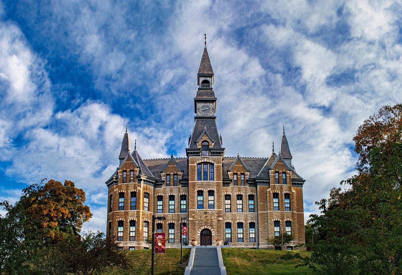 school, college, university, buildings, halls, park university, vintage, architecture, midwest, stately, grand, nature, staircase, stairs, autumn, clouds, brick, spires. Business majors online: what to verify