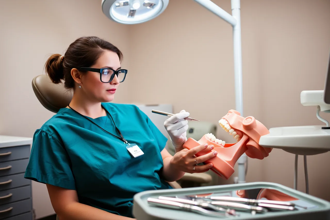 Dental hygiene student scaling a dental manikin's teeth in a clinic chair (Which careers associate degrees actually lead to)