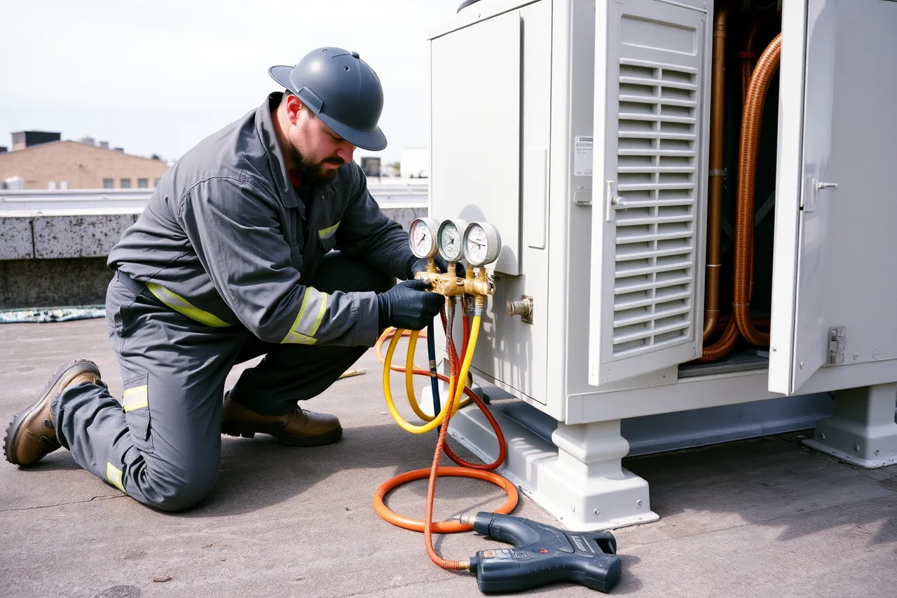 HVAC technician connecting manifold gauges to a rooftop refrigeration unit (Which careers associate degrees actually lead to)